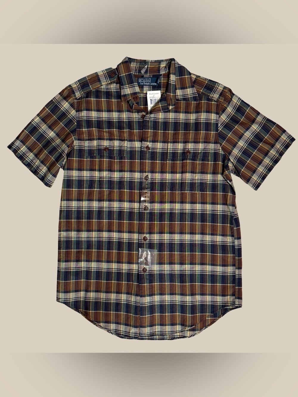 Polo Ralph Lauren Men’s Plaid Cotton, Short Sleeve Button Down, Brown, Navy SZ M